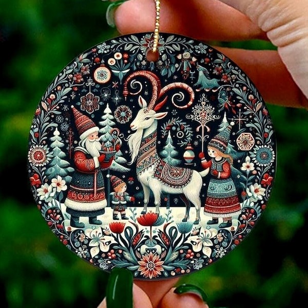 Custom Scandinavian Yule Goat Ceramic Christmas Ornament: Swedish Folk Art - Single and Doubled-Sided Ornament