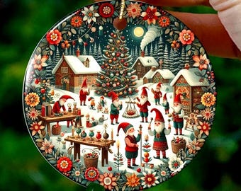 Scandinavian Christmas Ornament: North Pole Elves, Folk Art Ceramic