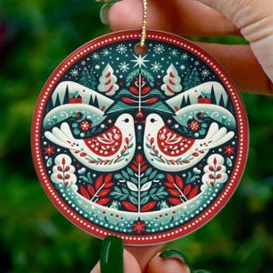Scandinavian 2 Turtle Doves Christmas Ornament: Swedish Folk Art Ceramic - Single and Double-Sided options