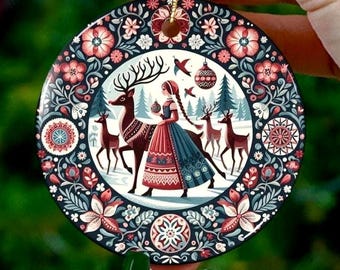 Scandinavian Reindeer Ceramic Ornament: Christmas Folk Art Gift - Single and Double-sided options