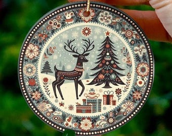Scandinavian Deer Ceramic Christmas Ornament, Swedish Folk Art - Single and Double-sided options