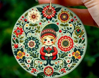 Scandinavian Folk Art Elf Christmas Ornament: Scandinavian Nordic Design - Single and Double-sided