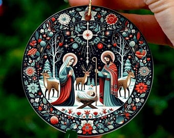 Scandinavian Nativity Ornament: Ceramic Folk Art Christmas Keepsake