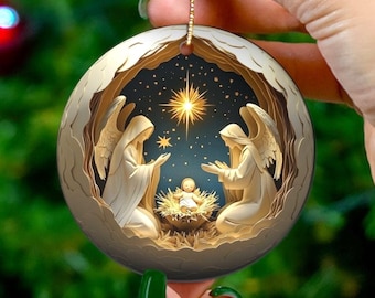 Nativity Ornament, Angels and Holy Family Ceramic Keepsake, FLAT ceramic