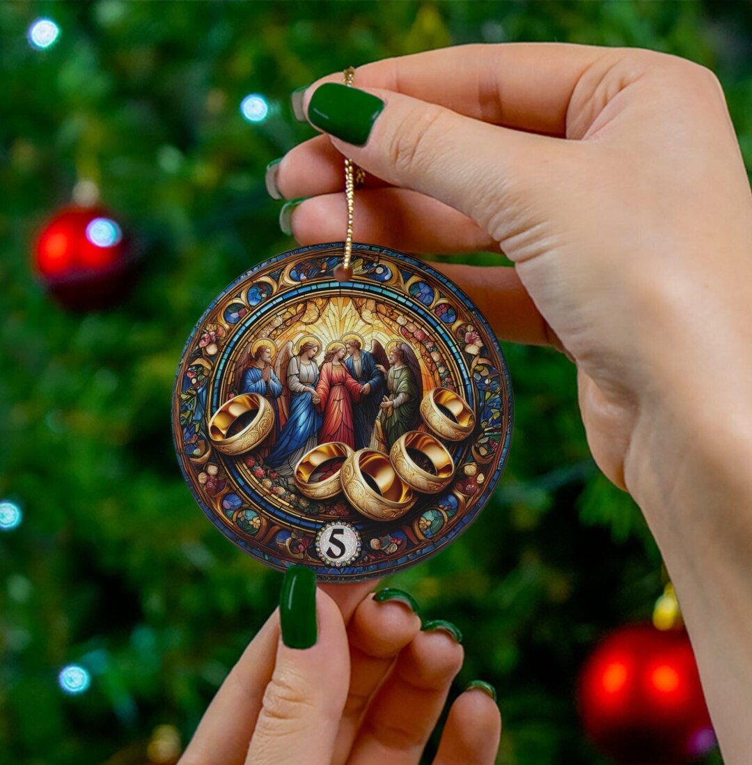 5 Golden Rings Ornament, Vintage 12 Days of Christmas Faux Stained ...