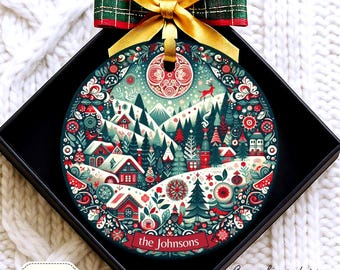 Personalized Scandinavian Christmas Village Tree Ornament: Winter Wonderland Folk Art Ceramic