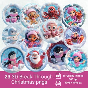 Weihnachten 3D Durchbruch Ornament Clipart 25 PNG Bundle Sublimation Design Festliche runde Aufkleber Lustige 3D Effekt Weihnachtsdekoration