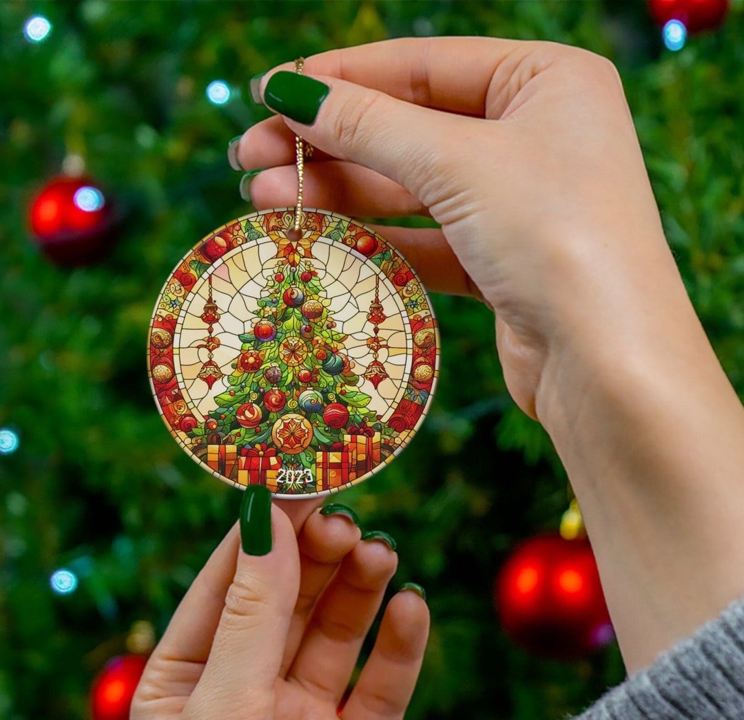 Cute Christmas Tree 2024 Ornament, Round Ceramic, Faux Stained Glass