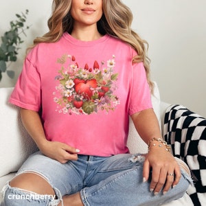 Comfort Colors Hearts Valentine Strawberry Shirt, Cottagecore Shirt, Flower Graphic Tee, Gift for Women, Botanical Plant Shirt