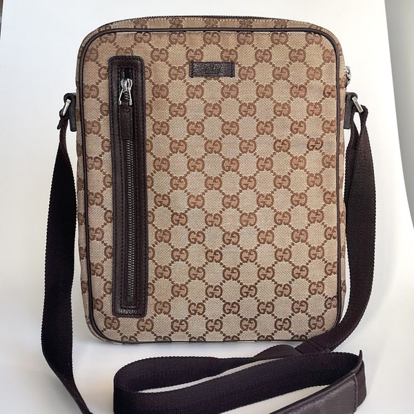 Vintage Gucci GG monogram canvas cross body bag brown leather parts men's Gucci messanger bag