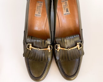 Vintage Celine moccasins loafers midheel shoes khaki-green leather shoes 36,5 Celine horsebit loafers