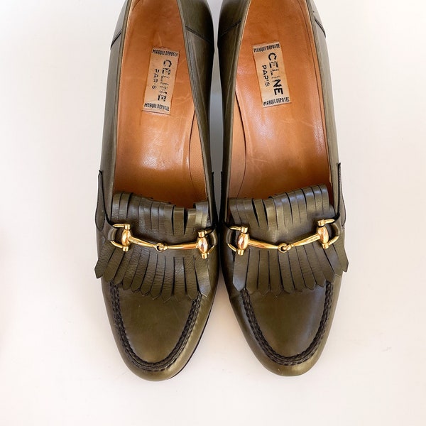 Vintage Celine moccasins loafers midheel shoes khaki-green leather shoes 36,5 Celine horsebit loafers