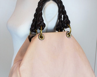 Vintage Bottega Venetta hobo bag shoulder bag dusty-pink-beige canvas fabric bag Bottega Venetta bag large fabric  brown leather Bottega