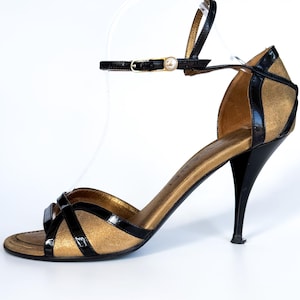 Vintage Chanel Sandals – Classic Black Gold High Heels – Size 39 designer shoes