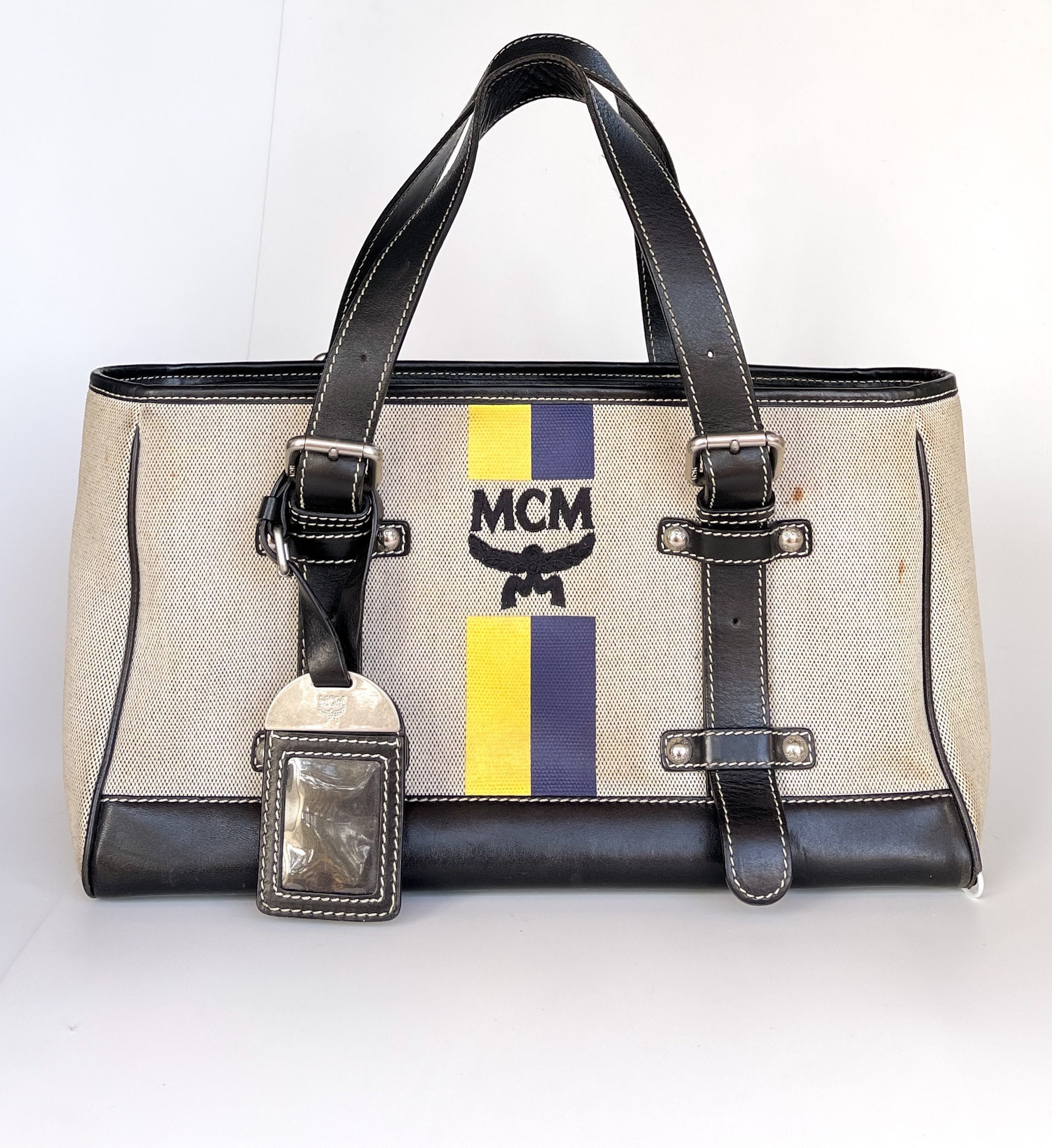 Vintage MCM Bag Boston Baguette Beige Bag Mcm Black Leather 