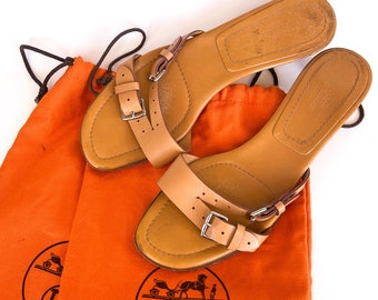 Authentic Vintage Hermes Leather Sandals – Size 37.5 – Caramel Beige – Timeless Parisian Elegance
