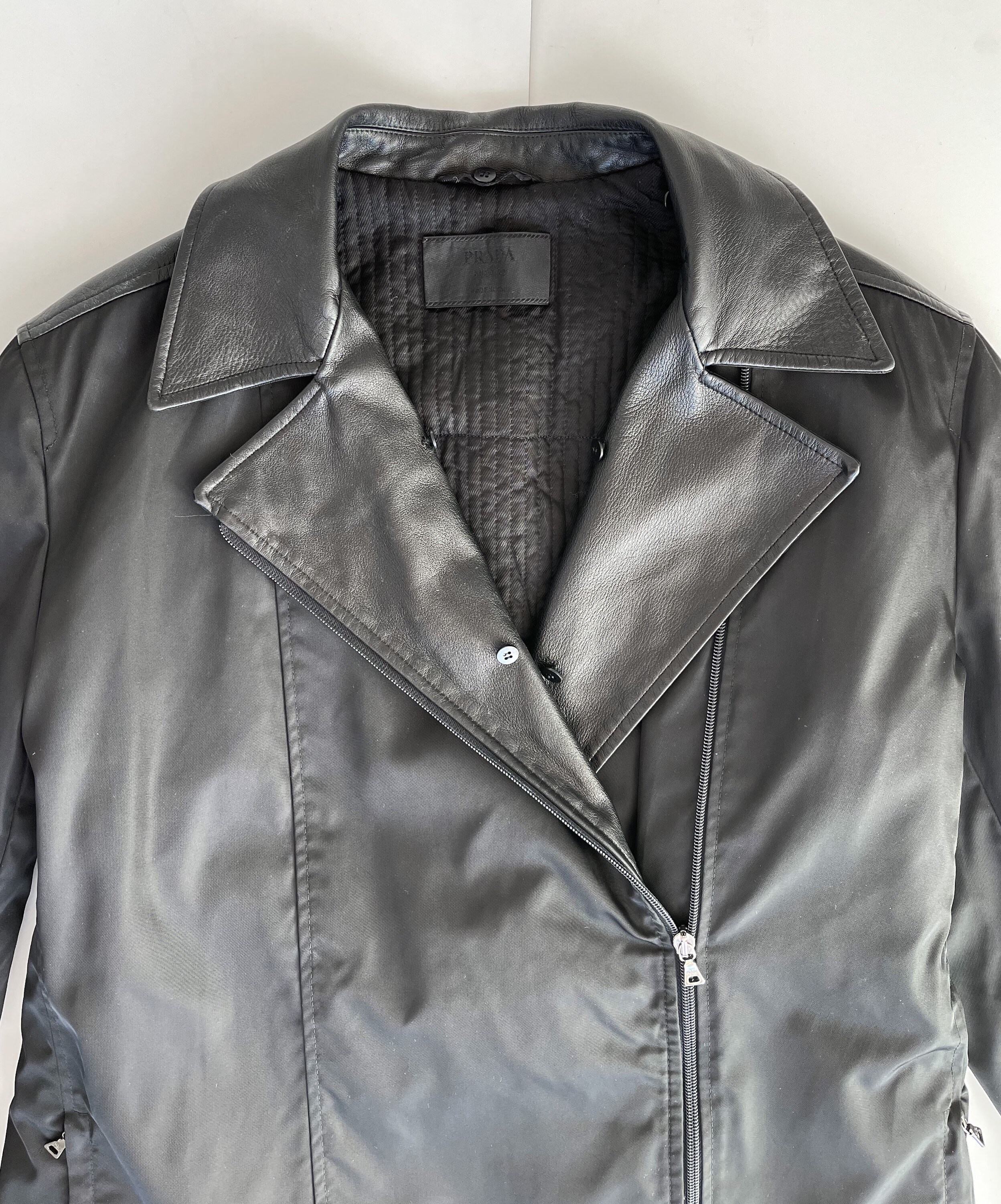 Vintage Prada Nylon Jacket Leather Collar Parts Sz 42 IT Vintage Prada Nylon Jacket Leather Collar Parts Sz 42 IT