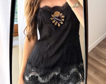 Dolce & Gabbana - zwarte kanten korsettop met heilig hart – Y2K Archive-bustier