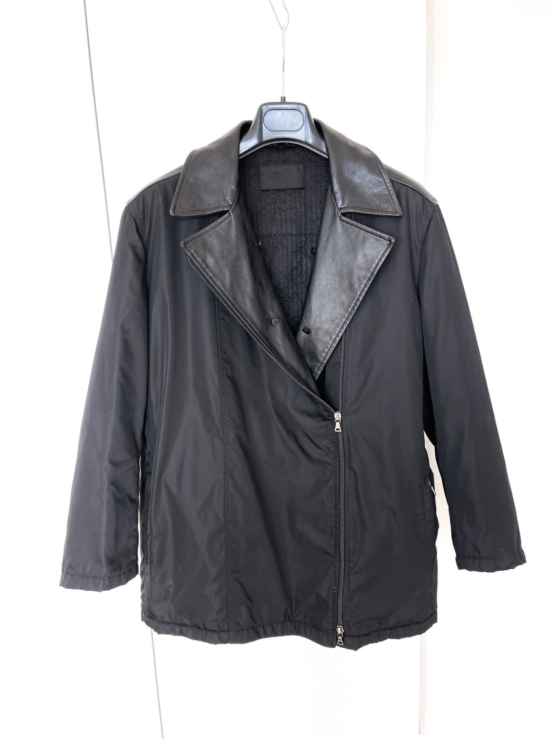 Vintage Prada Nylon Jacket Leather Collar Parts Sz 42 IT Vintage Prada Nylon Jacket Leather Collar Parts Sz 42 IT