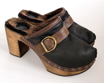 Vintage Fiorentini + Baker Suede Clogs: Fur Lined Wooden Heel (EU 40 / US 9.5-10)
