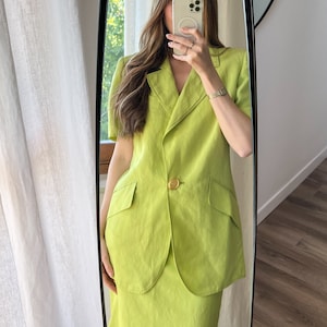 Vintage Christian Dior suit set Dior blazer and skirt lime green linen dress vintage Dior dress