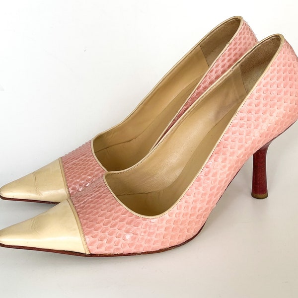 Vintage Chanel two tone white pink shoes classic chanel heels Sz 40 snake leather pointed toe Chanel shoes beige pink pumps