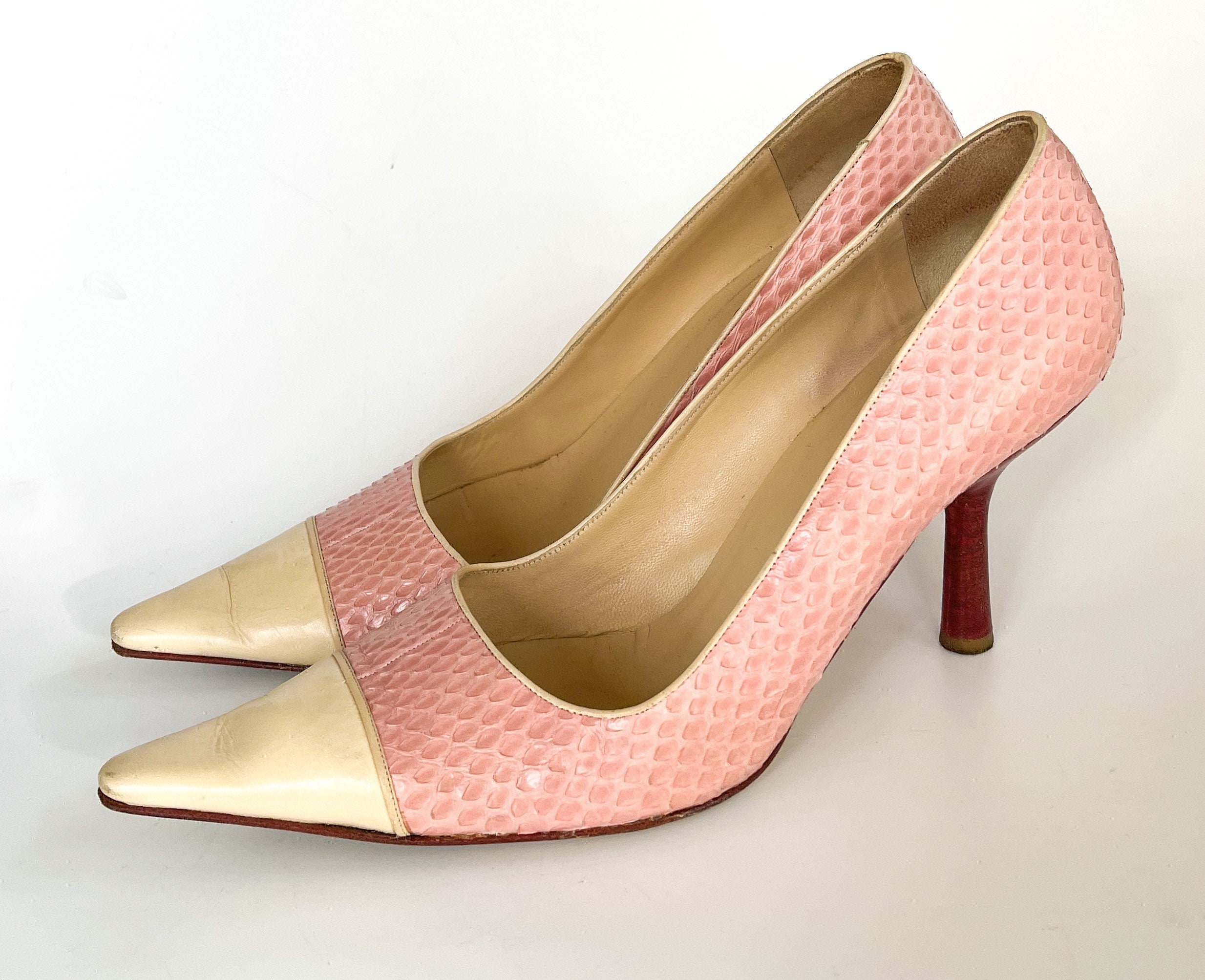 New Chanel Beige Cream Pink Leather Slings Classic Heels Shoes 39