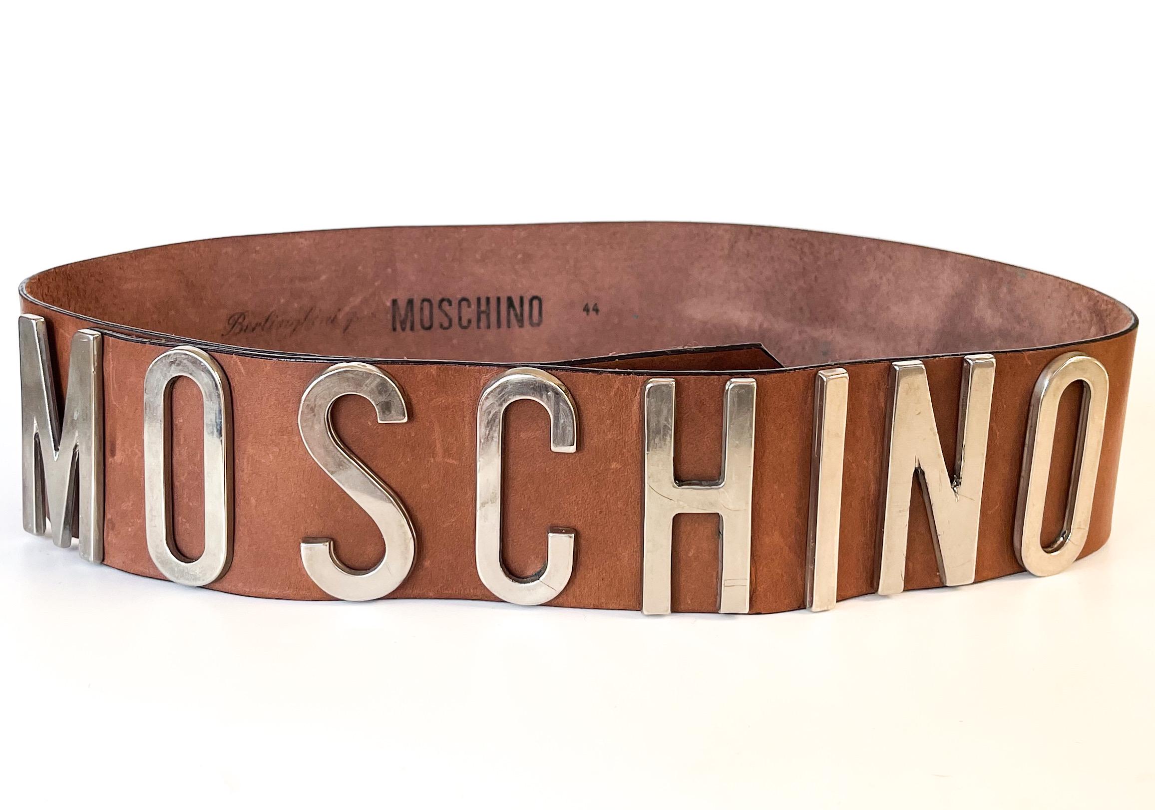 Vintage Moschino Belt: Caramel Brown Leather Logo Buckle  display picture 3