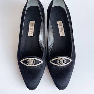 Vintage Gucci shoes black satin kitten heels shoes Gucci GG logo Gucci chrystal embellished sandals sz 36 (35)