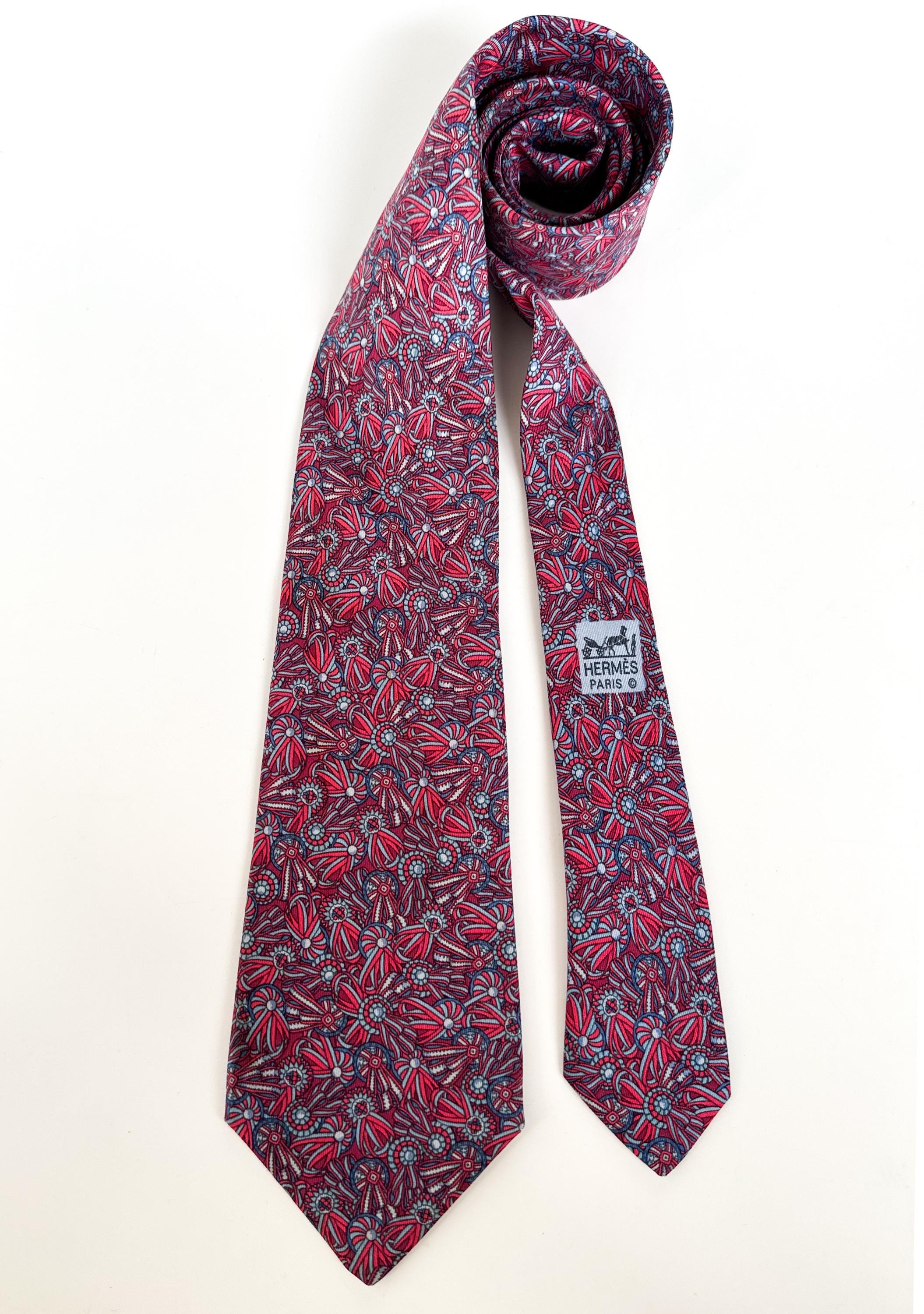 Cravate Hermès Neuve 100% Soie - Motifs Géométriques Violet Et Rose, Boîte D'origine