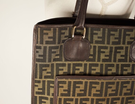 Vintage FENDI Bag FF Zucca Monogram Bag Fendi Do Jour Large Tote Shoper Black Canvas Brown Leather Bag Fendi Ff Bag Large Slouchy Hobo Bag Etsy Ireland