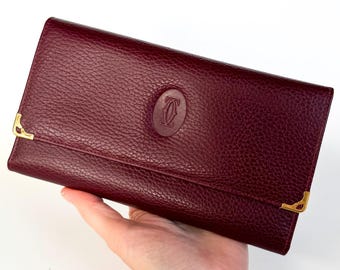 Vintage Cartier Wallet | Must de Cartier Bordeaux Leather Clutch | Logo Embossed Long Wallet | 1980s French Designer Purse