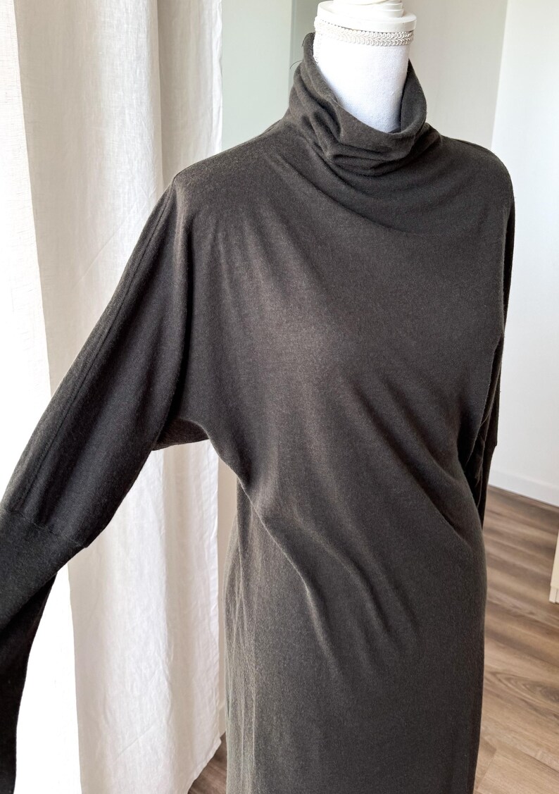 May include: Dark gray long-sleeve dress with a turtleneck collar. The dress has a relaxed fit with a long length. The sleeves are long and fitted at the wrist. The dress is displayed on a mannequin.