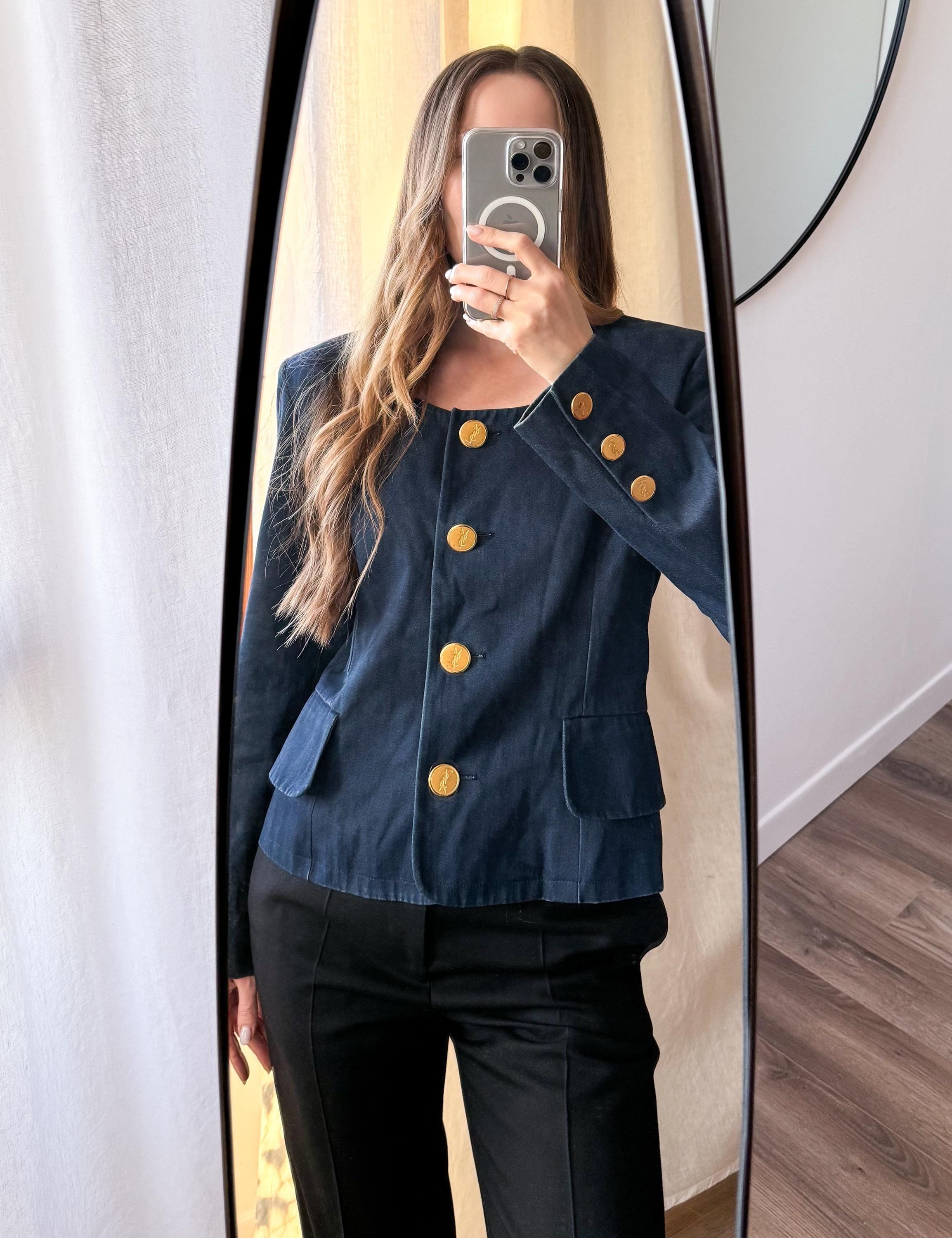 ヴィンテージ イヴ・サンローラン デニム ブレザー ブルー YSL ロゴ