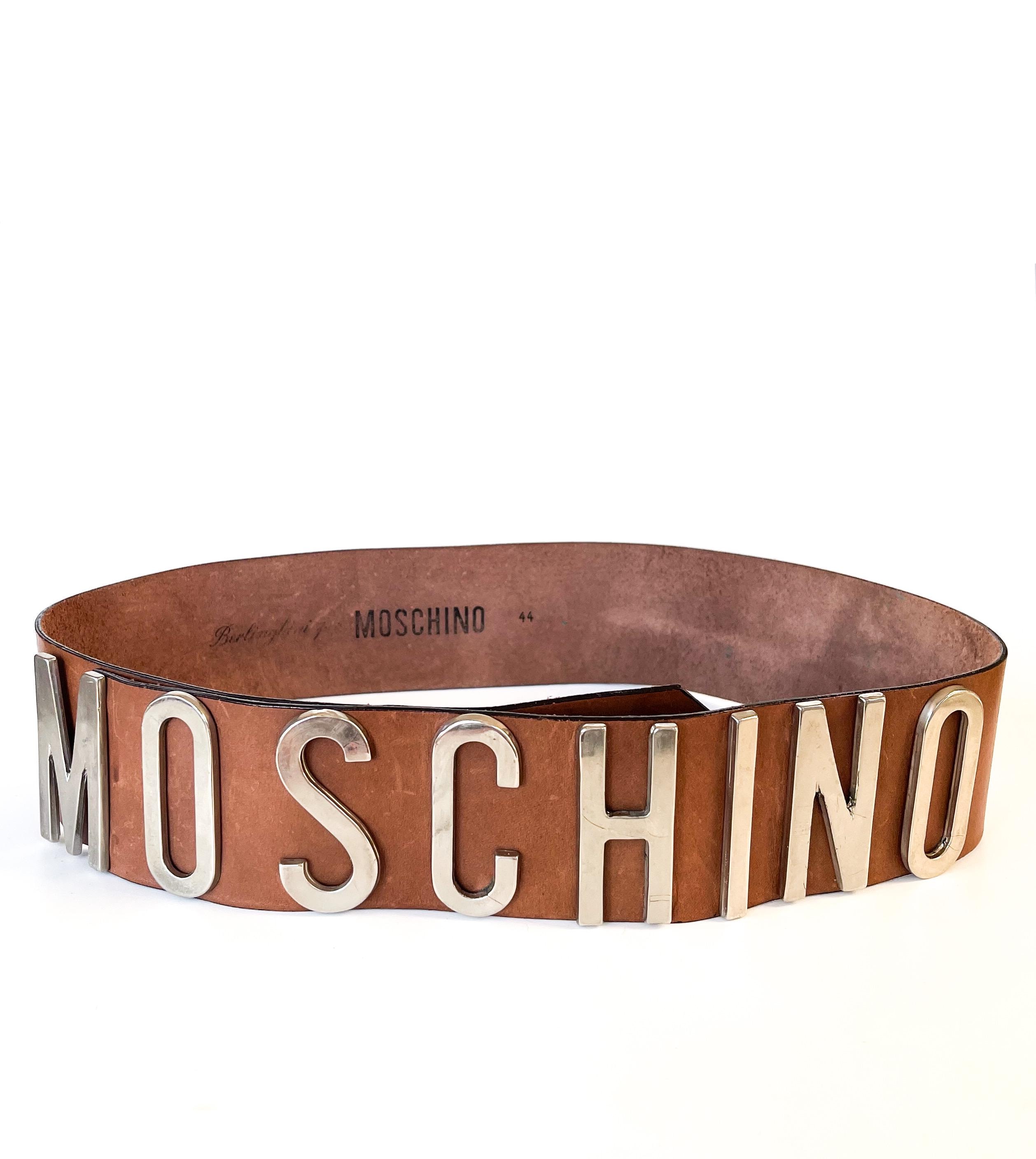 Vintage Moschino Belt: Caramel Brown Leather Logo Buckle  display picture 2