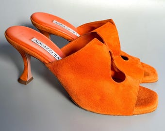 Aquazzura Orange Suede Sculptural Heel Mules Made in Italy Designer Sandals | EU 39 IT 40 | Resort Wear Luxury Shoes
