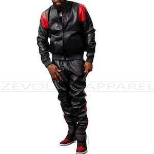 Handmade Premium Leather Tracksuit - Elevate Your Style Black with Red Stripe Jogging style Tracksuit for Men - Tracksuit for Leather Lover