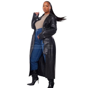 Women Black Leather Long Coat- Women Trench Leather Coat- Leather Trench Coat for Elegant Women- Fashionable Black Long Leather Jacket