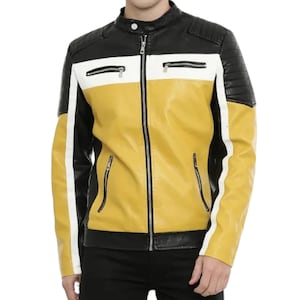 Men’s Motorcycle Color Block Quilted Leather Jacket Winter Jacket With Padding Three Color Jacket Black And Yellow Combination Jacket