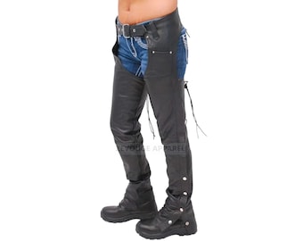 Men's Genuine Sheep Leather Motorcycle Chaps with Pockets