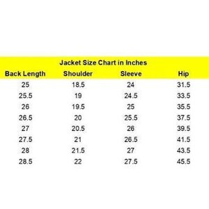 May include: A jacket size chart in inches, with measurements for chest, back length, shoulder, sleeve, hip, bicep, and cuff. Sizes range from S to 5XL, with corresponding measurements in inches.