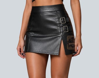 Minifalda negra de piel auténtica para mujer de Zevouge – Falda de moda con detalle de hebilla y talle alto.