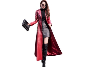 Women's Blood Red Lambskin Leather Trench Coat - Long Fashion Jacket