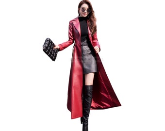 Women Blood Red  Leather Long Coat- Women Trench Leather Coat- Leather Trench Coat for Elegant Women- Fashionable Red Long Leather Jacket