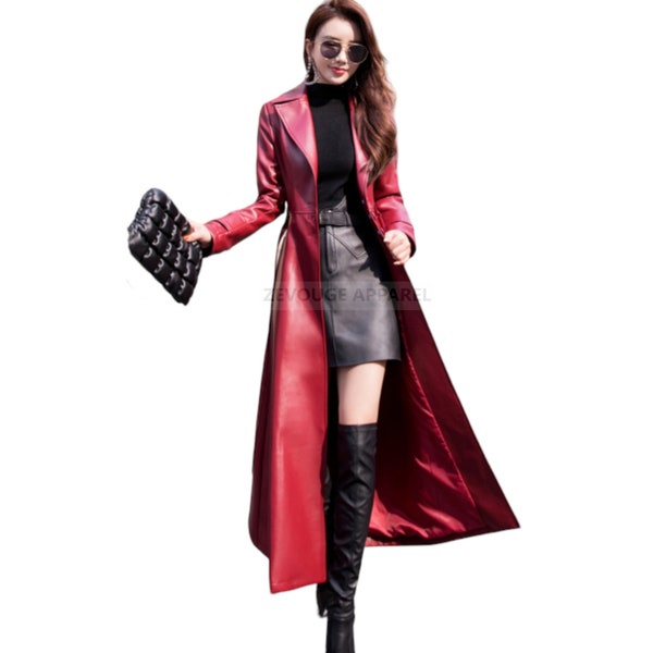 Manteau long en cuir rouge sang pour femme - Trench-coat en cuir pour femme - Trench-coat en cuir pour femme élégante - Veste longue en cuir rouge à la mode