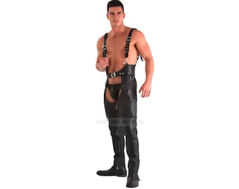 Black Leather Chaps Romper: Men's Motorcycle Biker Chaps