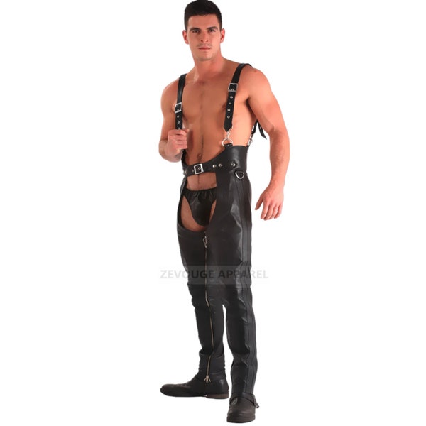 Black Leather Chaps Romper Style Men Genuine Leather Motorcycle Chaps Sheep leather Chap Biker Chaps LGBTQ Pride