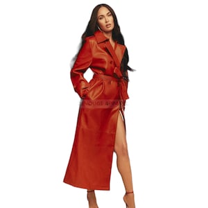 Manteau long en cuir bordeaux pour femme - Trench-coat en cuir pour femme - Trench-coat en cuir pour femme élégante - Veste longue en cuir rouge à la mode
