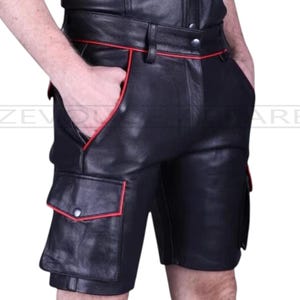 Black Leather Cargo Shorts with Red Piping Men&#39;s Utility Shorts Leather Kilt Style Festival Wear Gothic Steampunk Shorts Custom Size Shorts