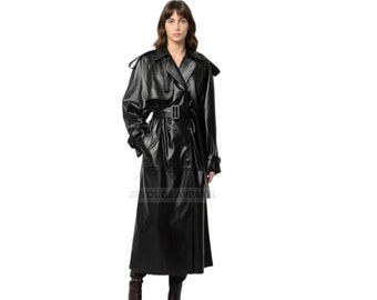 Women Black Leather Long Coat- Women Trench Leather Coat- Leather Trench Coat for Elegant Women- Fashionable Black Long Leather Jacket